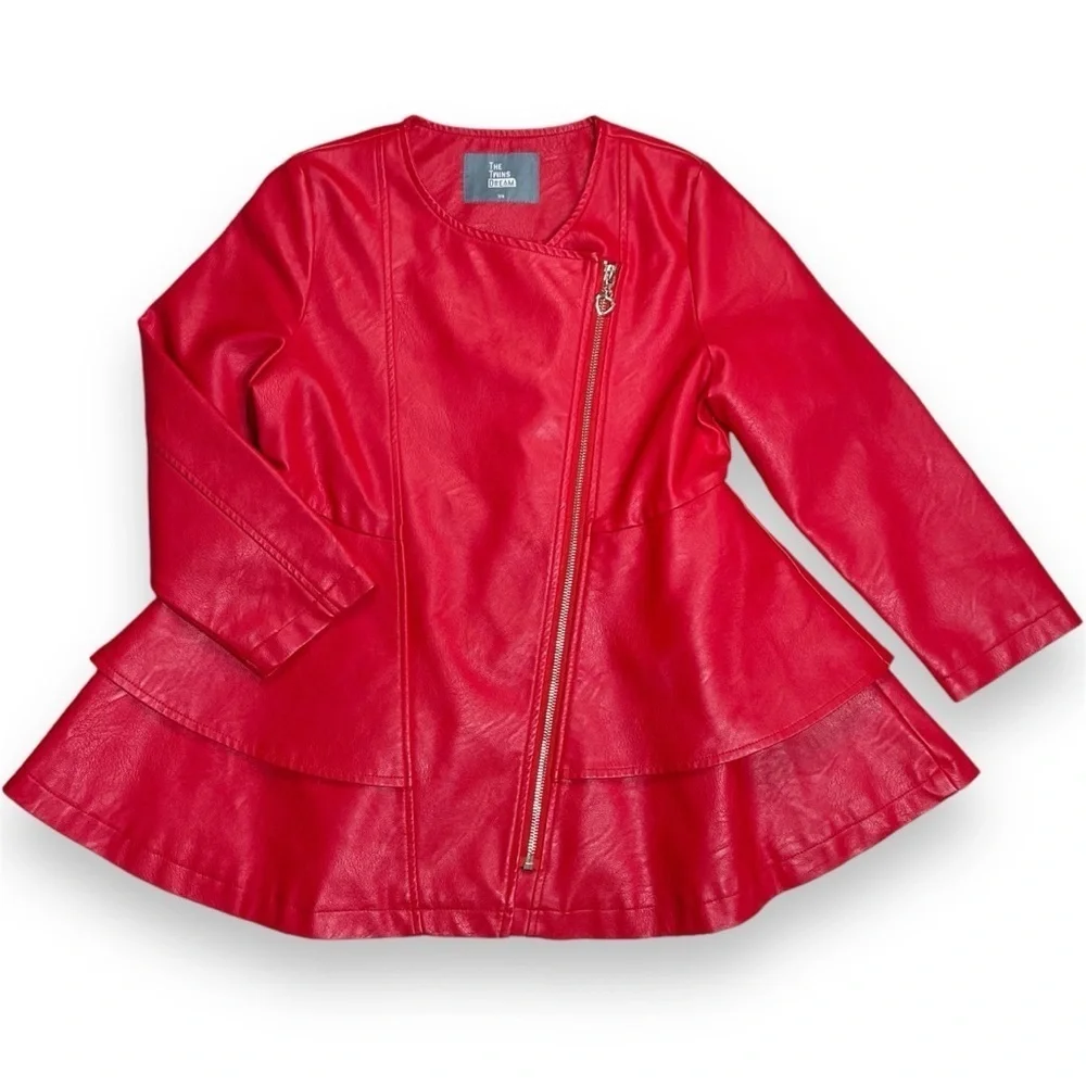 The Twins Dream Girl 7/8 Red Vegan Leather Dress Coat Jacket Rose Peplum Holiday